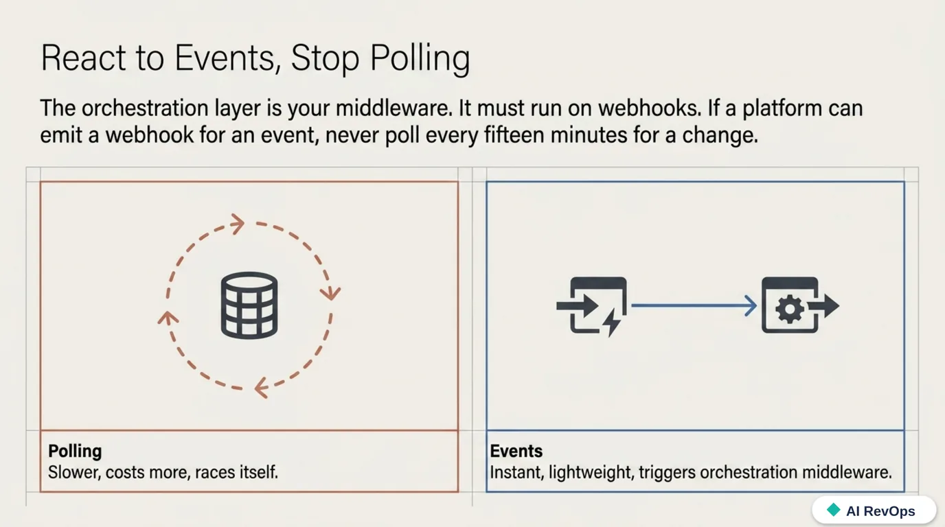 Layer 5a, orchestration: the polling anti-pattern — checking every fifteen minutes, wasting compute and racing itself under load — versus event-driven webhooks that fire the instant a form submits and wake the flow up to act