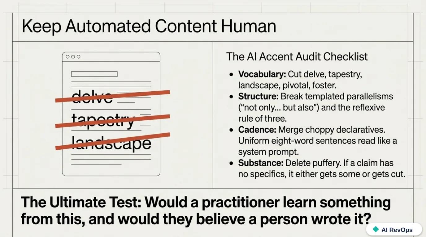 Keep automated content human: AI tells (delve, tapestry, landscape) struck through, beside the AI Accent Audit Checklist across vocabulary, structure, cadence, and substance, and the ultimate test — would a practitioner learn something, and would they believe a person wrote it