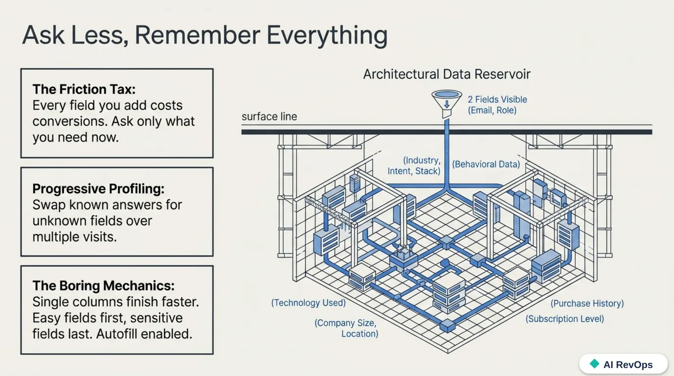 Ask less, remember everything: the friction tax (every field costs conversions, so ask only what you need now), progressive profiling (swap known answers for unknown fields over multiple visits), and the boring mechanics (single columns, easy fields first, autofill on), beside an architectural data reservoir with just email and role visible at the surface and more attributes gathered below over time