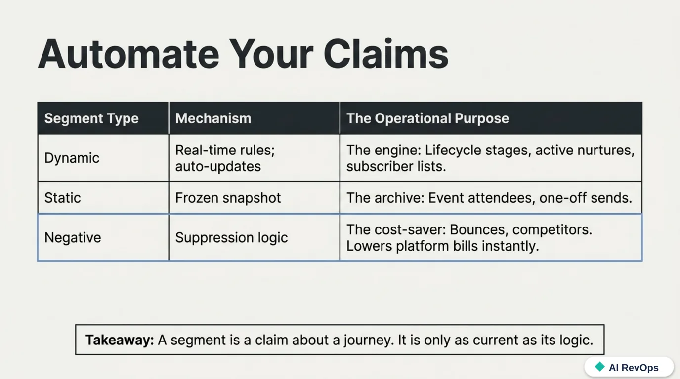Automate your claims: a table of three segment types — dynamic (real-time rules, for lifecycle stages and active nurtures), static (a frozen snapshot, for event attendees and one-off sends), and negative suppression (the cost-saver that lowers platform bills instantly) — with the takeaway that a segment is a claim about a journey, only as current as its logic