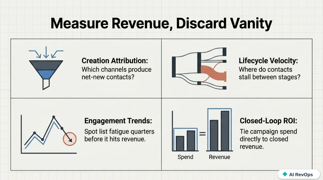 Layer 7, the measurement matrix: four revenue-centric views — creation attribution, lifecycle velocity, engagement trends, and closed-loop ROI